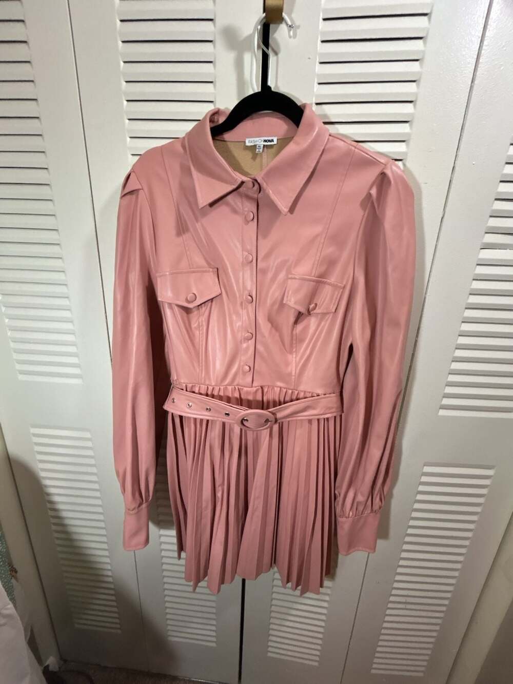 Fashion Nova Faux Leather Pleated Dress Size XL Pink Belted Shirt Dress